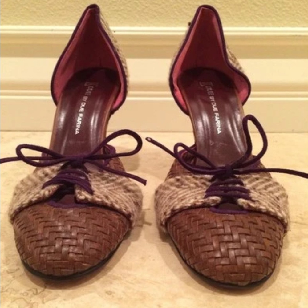 DUE FARINA Brown Woven Leather Purple Suede Bow Tan Wool Tweed Heel 38 Italy NEW